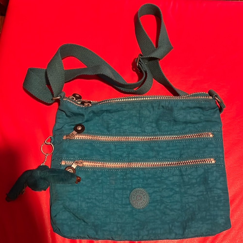 Kipling "Alvar Gleaming Green Crinkle Multi-Zip Pockets Waterproof Crossbody Bag